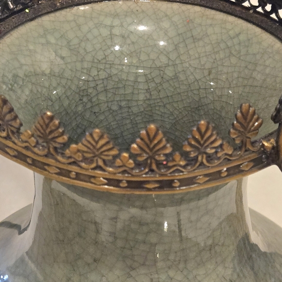 Antique Style Celadon Crackle Vase Ormolu Bronze Handles Base French Rococo 17” - Picture 5 of 11